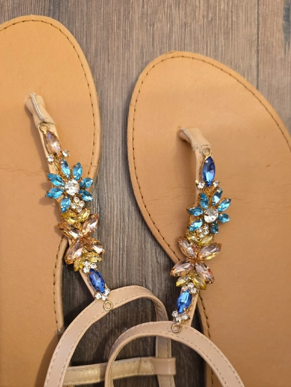 Forever 21 Beige Jeweled T-Strap Sandals with Blue & Gold Gems